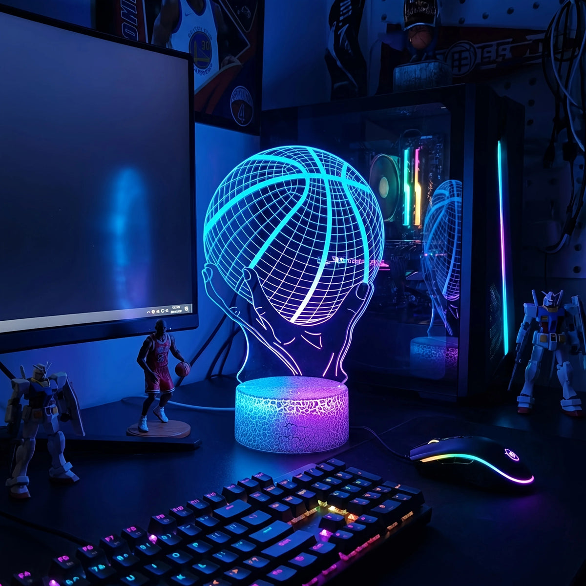 Handheld Basketball 3D LED Acrylic Night Light – Creative Gift, 7-Color Visual Crackle Effect, Desktop Decorative Lamp