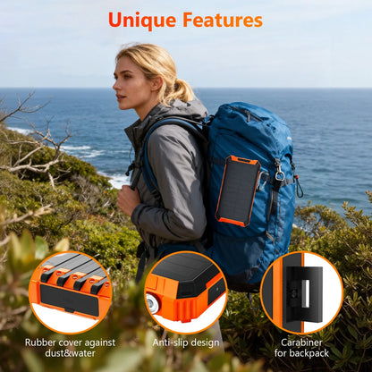 20000mAh Portable Solar Power Bank with Dual LED Lights, 4 Built-in Cables, and Fast Charging for iPhone, Android Phones, and AirPods