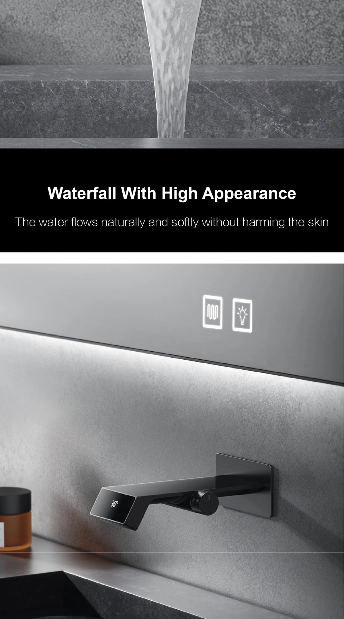 Luxury gun gray brass bathroom faucet LED digital display design, hot and cold water in wall type single handle basin faucet