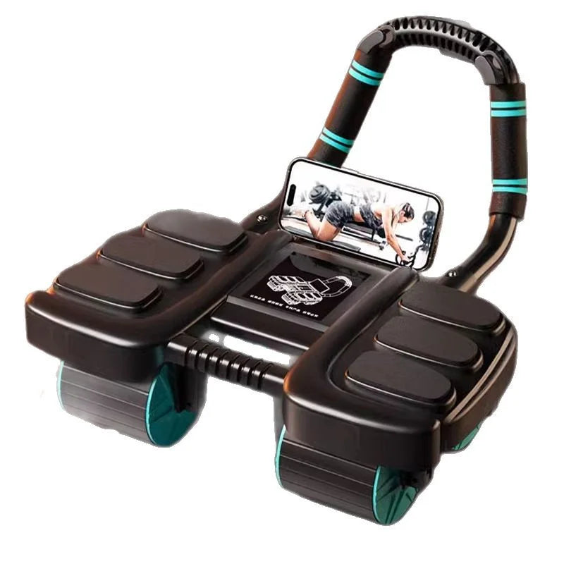 Esta máquina de ejercicios abdominales de 4 ruedas cuenta con rebote automático, rodillos abdominales antideslizantes, soporte para teléfono, apoyo para los codos y rodilleras. Ideal para entrenamientos de core en casa.