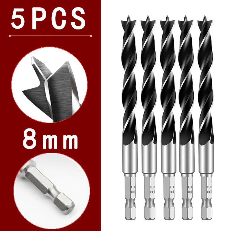 3/5/7PCS 3/4/5/6/7/8/10mm 1/4 Hexagonal Handle Three Pointed Woodworking Drill Bit Set Woodworking Hole Reaming Power Tool