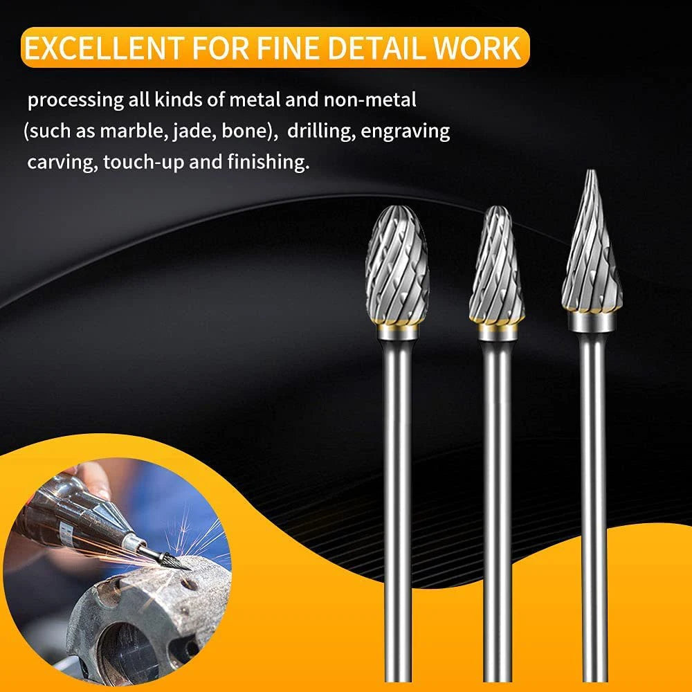 Carbide Rotary Burr Set 10PCS Double Cut Carving Burr Bits Tungsten Carbide 1/8" Shank 1/4" Grinding Head for DIY Carving
