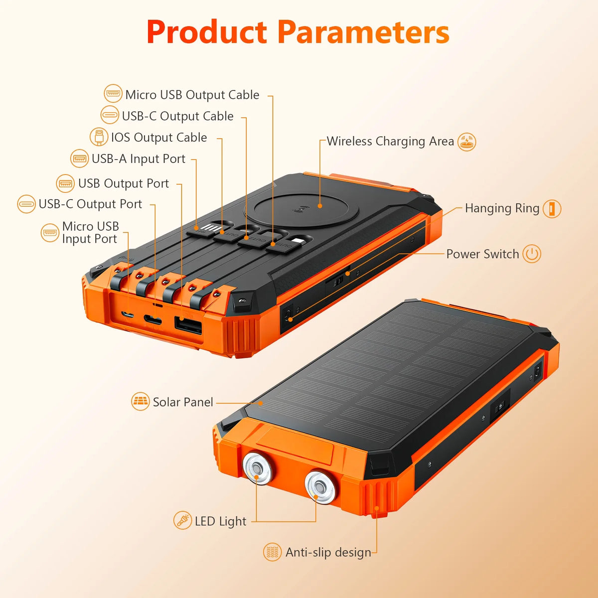 20000mAh Portable Solar Power Bank with Dual LED Lights, 4 Built-in Cables, and Fast Charging for iPhone, Android Phones, and AirPods