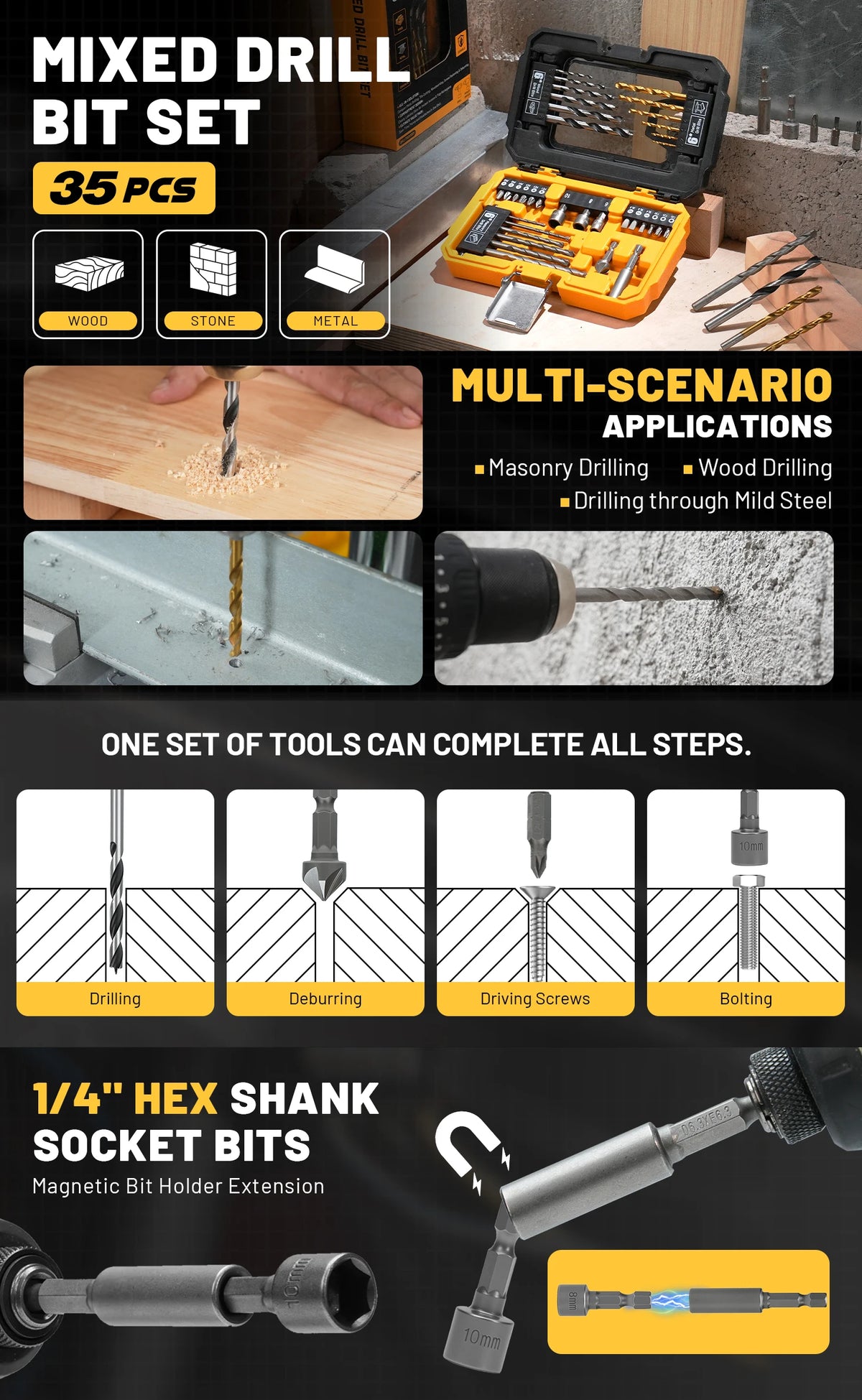 TOLESA 35PCS Drill Bit Set with Nut Driver Screwdriver Bit Countersink Bit, Drill Bit Kit for Metal Wood, Christmas Gift for Dad