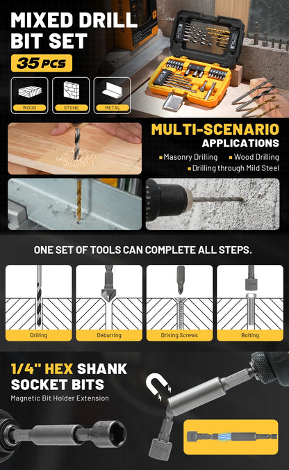 TOLESA 35PCS Drill Bit Set with Nut Driver Screwdriver Bit Countersink Bit, Drill Bit Kit for Metal Wood, Christmas Gift for Dad