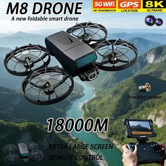 Dron M8 GPS FPV con Cámara 8K, Quadcopter Plegable con Motor sin Escobillas, Evitación de Obstáculos de 360 Grados, WiFi FPV, Retorno Automático RC para Adultos