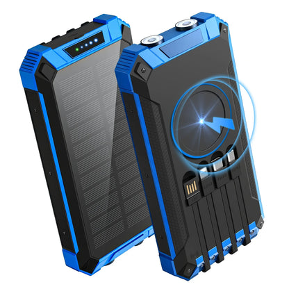 20000mAh Portable Solar Power Bank with Dual LED Lights, 4 Built-in Cables, and Fast Charging for iPhone, Android Phones, and AirPods