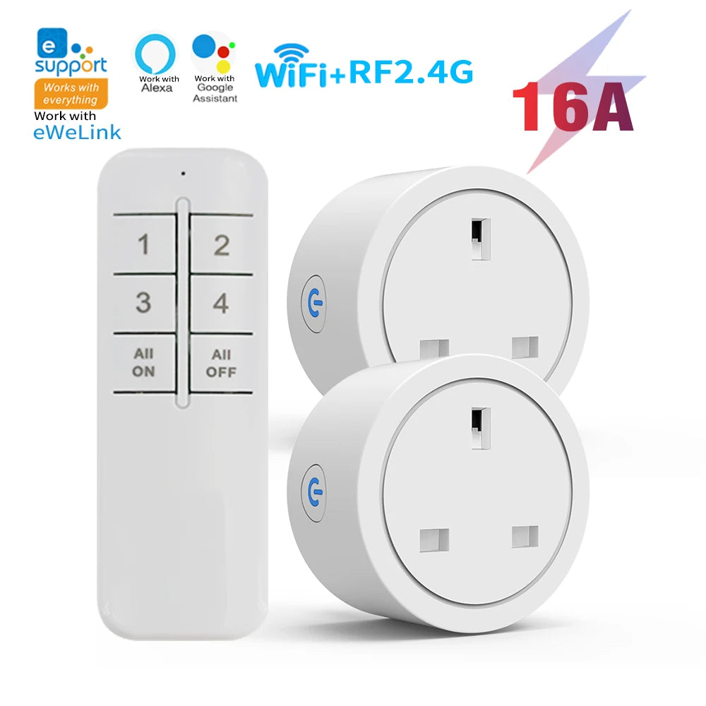 Enchufe inteligente WiFi con enchufe del Reino Unido, enchufe con control remoto inalámbrico, control por aplicación eWeLink, temporizador y cuenta regresiva, funciona con Alexa y Google Home.
