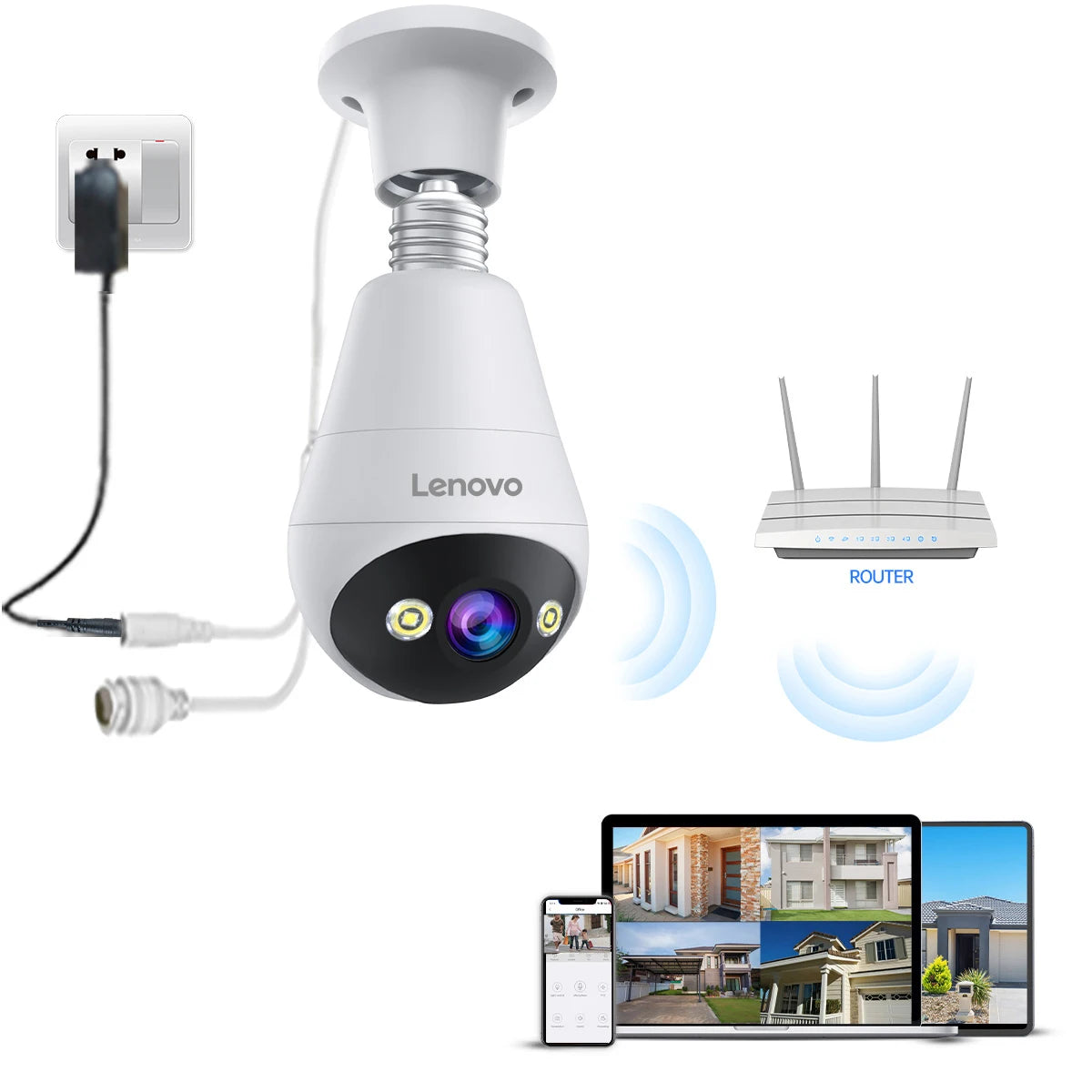 Lenovo 3MP E27 bombilla IP WiFi cámara de videovigilancia interior Color noche AI seguimiento hogar inteligente Monitor de bebé cámara CCTV