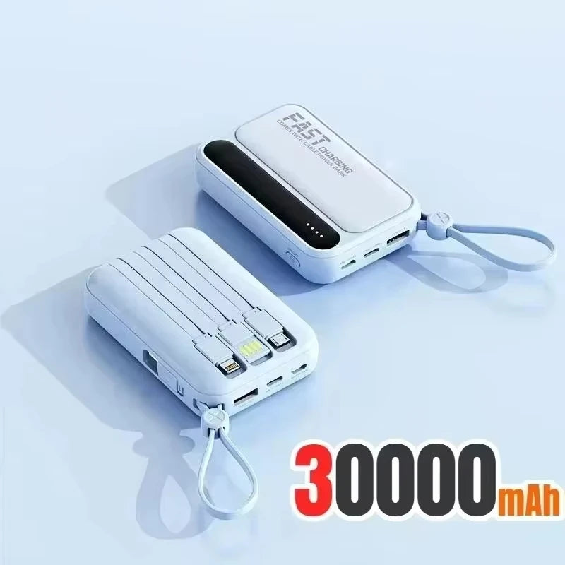Lenovo Mini 50000mAh Fast Charging Battery Pack Power Bank with 4 Built-in Type C Cables for iPhone, Samsung, and Android Devices