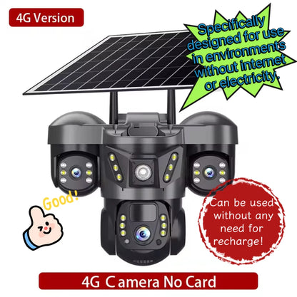 Cámara PTZ con Panel Solar 4G, 8MP, Triple Lente, WiFi para Exteriores, con Tarjeta de Memoria de Alta Velocidad (Cámara de Vigilancia para Seguridad en el Hogar, Opcional)