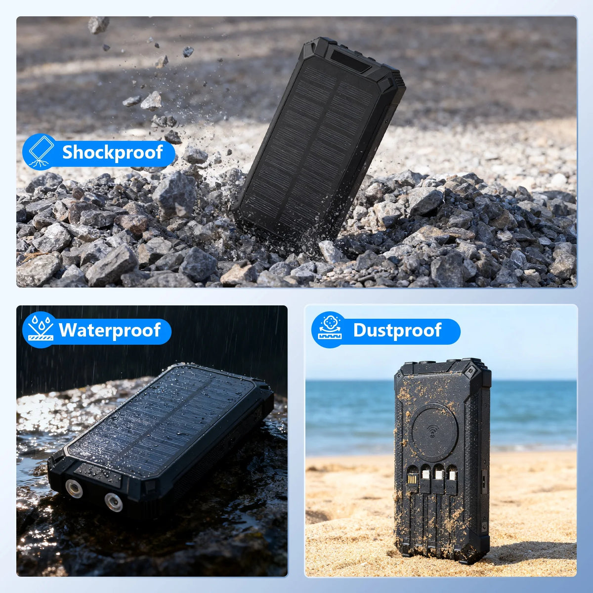 20000mAh Portable Solar Power Bank with Dual LED Lights, 4 Built-in Cables, and Fast Charging for iPhone, Android Phones, and AirPods