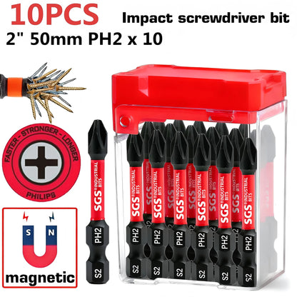 10/20 Piece S2 Steel PH2 Impact Screwdriver Bit Set, 50mm, Strong Magnetic, Anti-Twist, High Hardness, with Red Storage Box