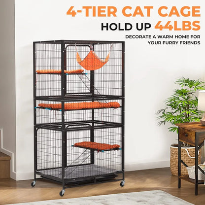 4-Tier Cat Cage Indoor, Large Wire Ferret Cage with Hammock, Ladders, Wheels for Small Pets, Black