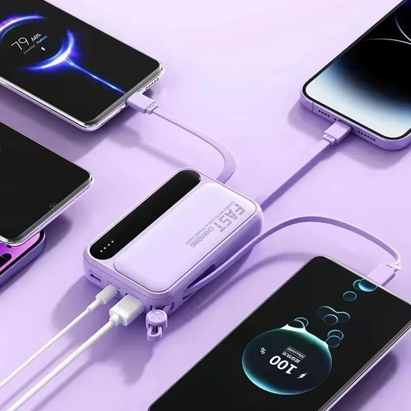 Lenovo Mini 50000mAh Fast Charging Battery Pack Power Bank with 4 Built-in Type C Cables for iPhone, Samsung, and Android Devices
