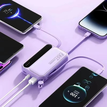Lenovo Mini 50000mAh Fast Charging Battery Pack Power Bank with 4 Built-in Type C Cables for iPhone, Samsung, and Android Devices