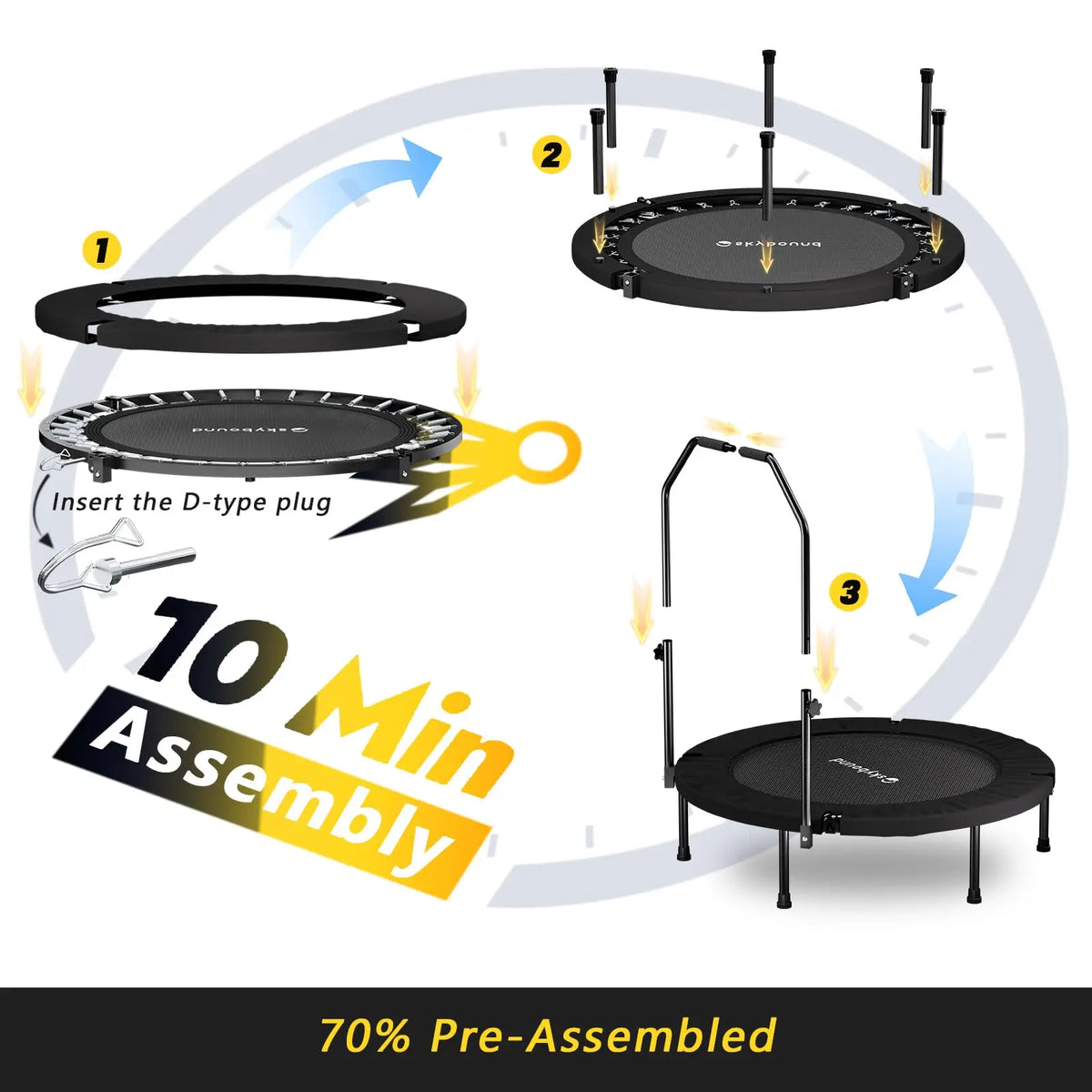 Rebounder trampoline for adults - 40" foldable mini trampoline with adjustable U-bar handle, 350 lb max load, S
