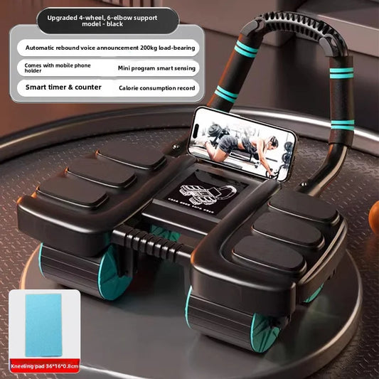 This 4-wheel abdominal exercise machine features automatic rebound and non-slip ab rollers, a phone holder, elbow support, and knee pads. Ideal for home core workouts.