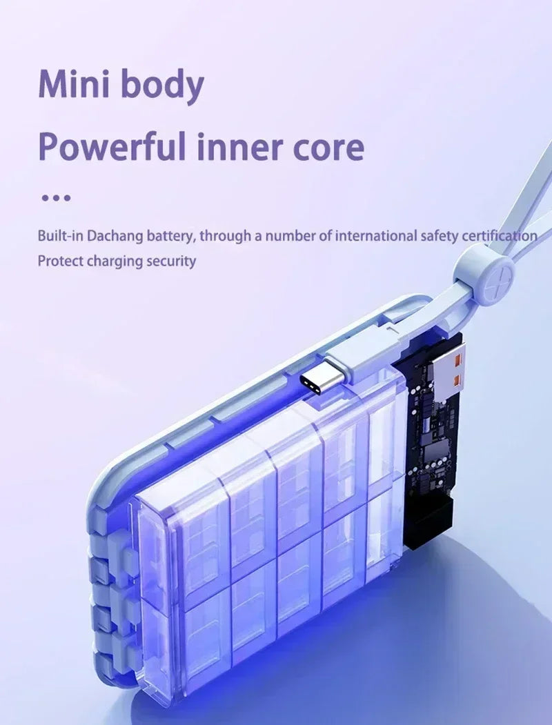 Lenovo Mini 50000mAh Fast Charging Battery Pack Power Bank with 4 Built-in Type C Cables for iPhone, Samsung, and Android Devices