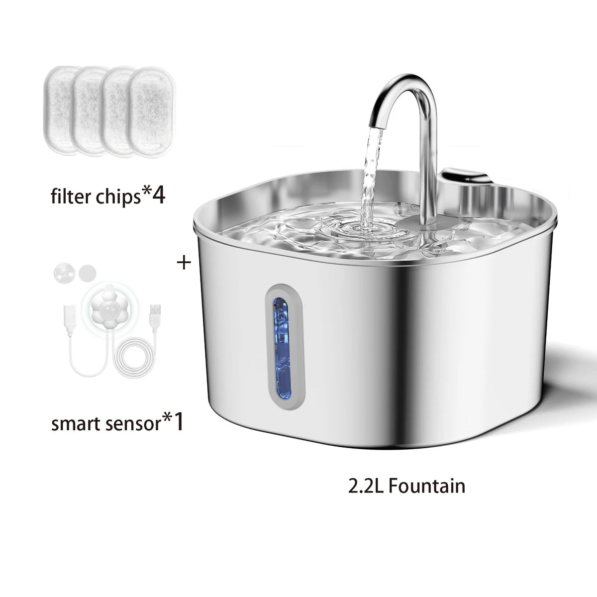 ZYFeeder 2.2L Automatic Stainless Steel Pet Water Fountain, Cat/Dog Drinking Bowl, Silent Water Dispenser with Window