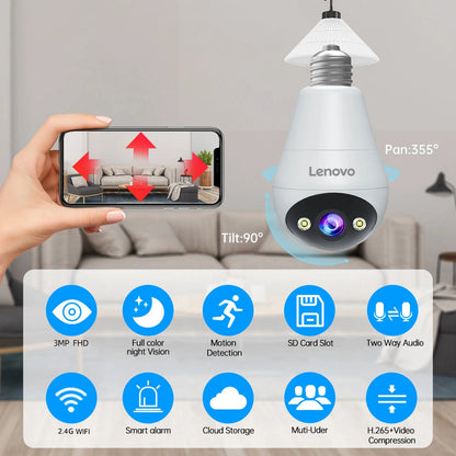 Lenovo 3MP E27 bombilla IP WiFi cámara de videovigilancia interior Color noche AI seguimiento hogar inteligente Monitor de bebé cámara CCTV