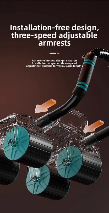 Esta máquina de ejercicios abdominales de 4 ruedas cuenta con rebote automático, rodillos abdominales antideslizantes, soporte para teléfono, apoyo para los codos y rodilleras. Ideal para entrenamientos de core en casa.