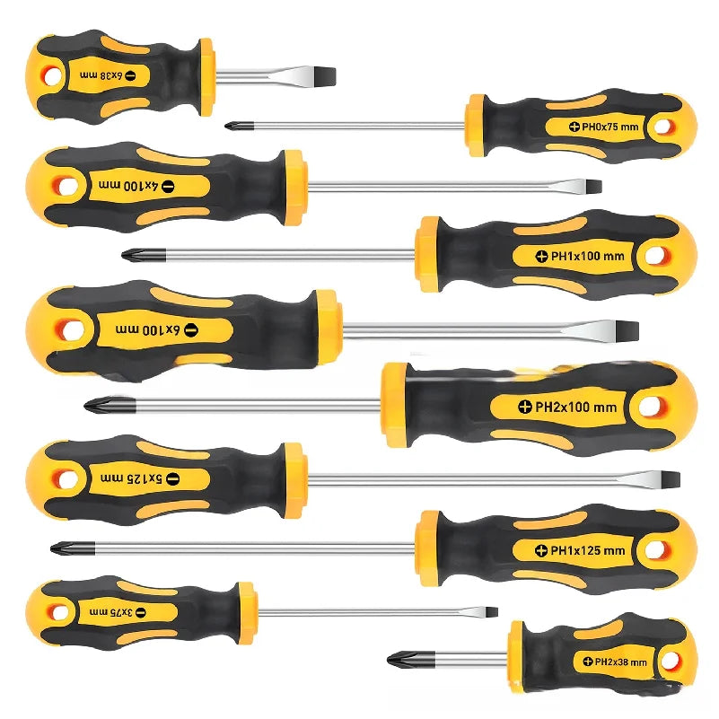 10-piece magnetic screwdriver set features Phillips and flathead tips with professional cushioned grip
