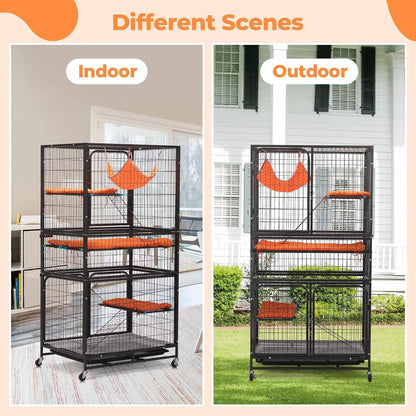 4-Tier Cat Cage Indoor, Large Wire Ferret Cage with Hammock, Ladders, Wheels for Small Pets, Black