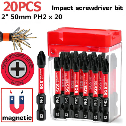 10/20 Piece S2 Steel PH2 Impact Screwdriver Bit Set, 50mm, Strong Magnetic, Anti-Twist, High Hardness, with Red Storage Box