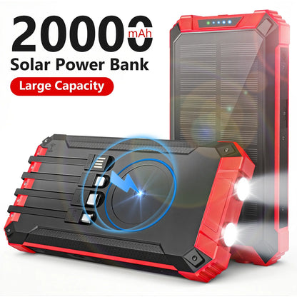 20000mAh Portable Solar Power Bank with Dual LED Lights, 4 Built-in Cables, and Fast Charging for iPhone, Android Phones, and AirPods