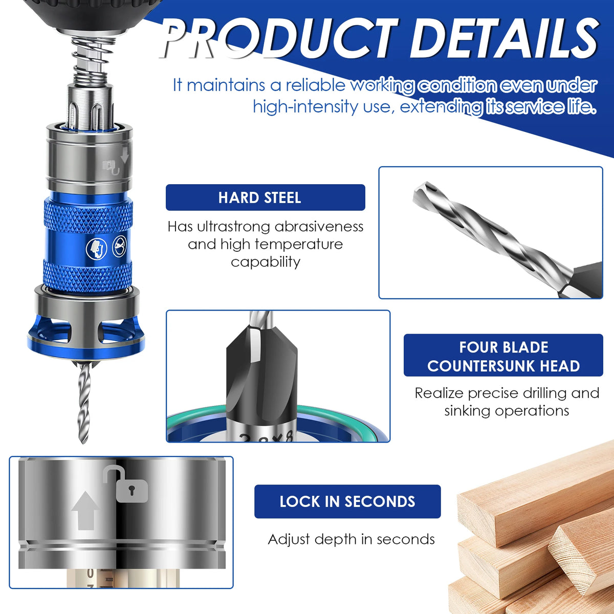 Woodworking Countersink Drill Bit Adjustable Depth Stop 4 Flute 1/4 Inch Hex Shank Pilot Hole Tool for Cabinet DIY Furniture