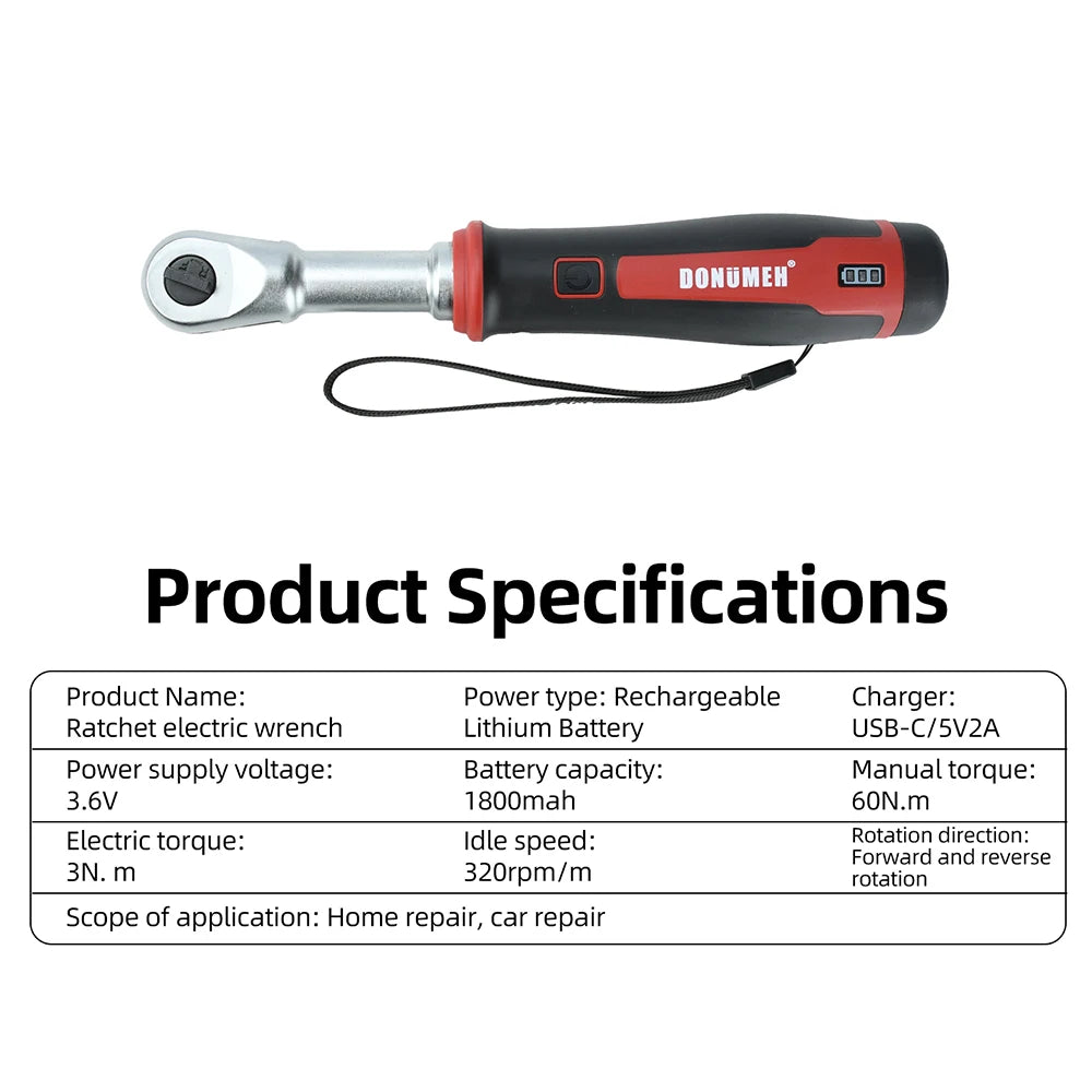 USB-C Rechargeable Electric Ratchet Wrench 3.6V 320 RPM 1/4' 3/8' Bidirectional with LED Battery Indicator for DIY Repair Auto