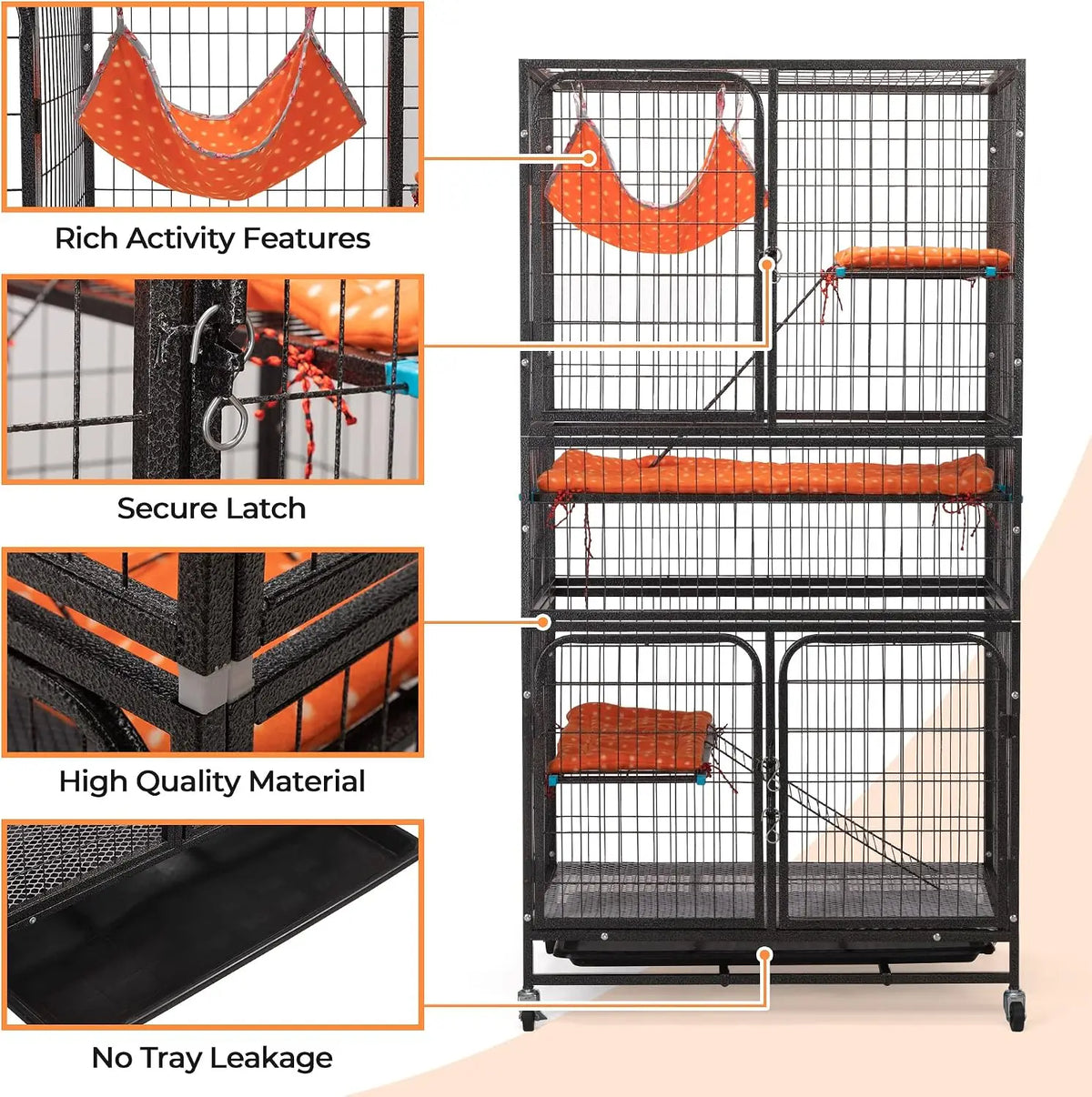 4-Tier Cat Cage Indoor, Large Wire Ferret Cage with Hammock, Ladders, Wheels for Small Pets, Black