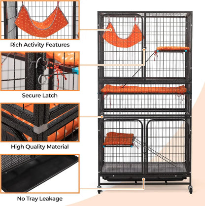 4-Tier Cat Cage Indoor, Large Wire Ferret Cage with Hammock, Ladders, Wheels for Small Pets, Black
