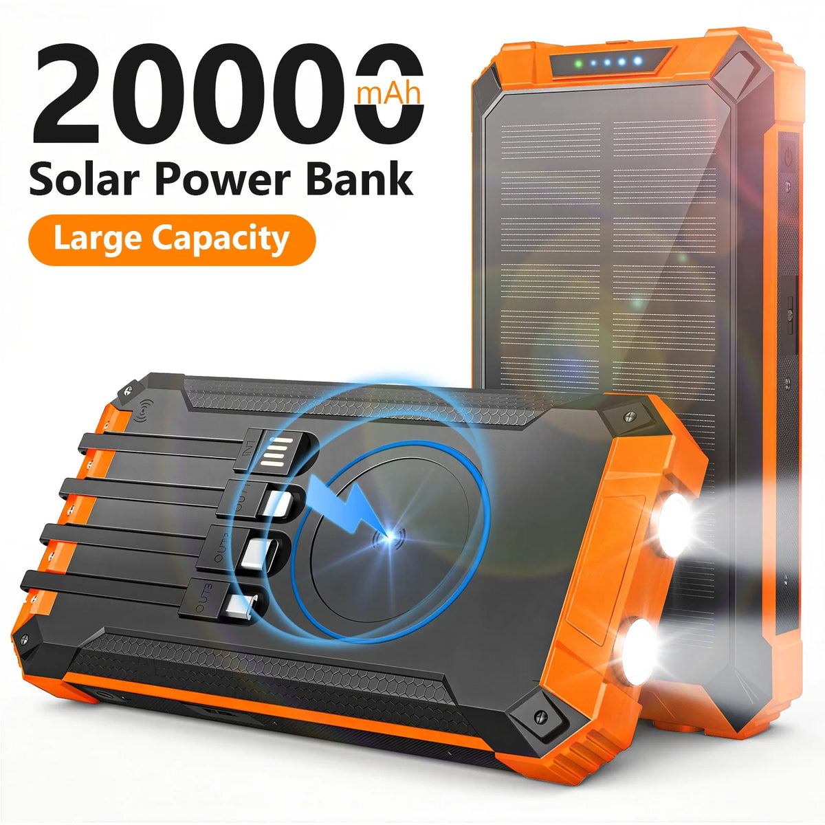 20000mAh Portable Solar Power Bank with Dual LED Lights, 4 Built-in Cables, and Fast Charging for iPhone, Android Phones, and AirPods