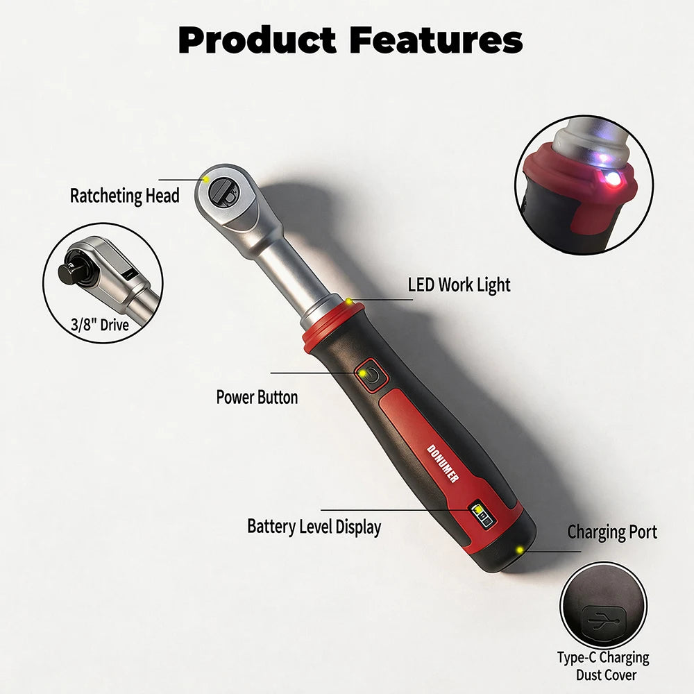 USB-C Rechargeable Electric Ratchet Wrench 3.6V 320 RPM 1/4' 3/8' Bidirectional with LED Battery Indicator for DIY Repair Auto