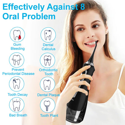 SEJOY Water Flosser Dental Oral Irrigator Teeth Whitening Strips Portable 230ML Tank 5 Modes 8 Jet Tips for Home Use