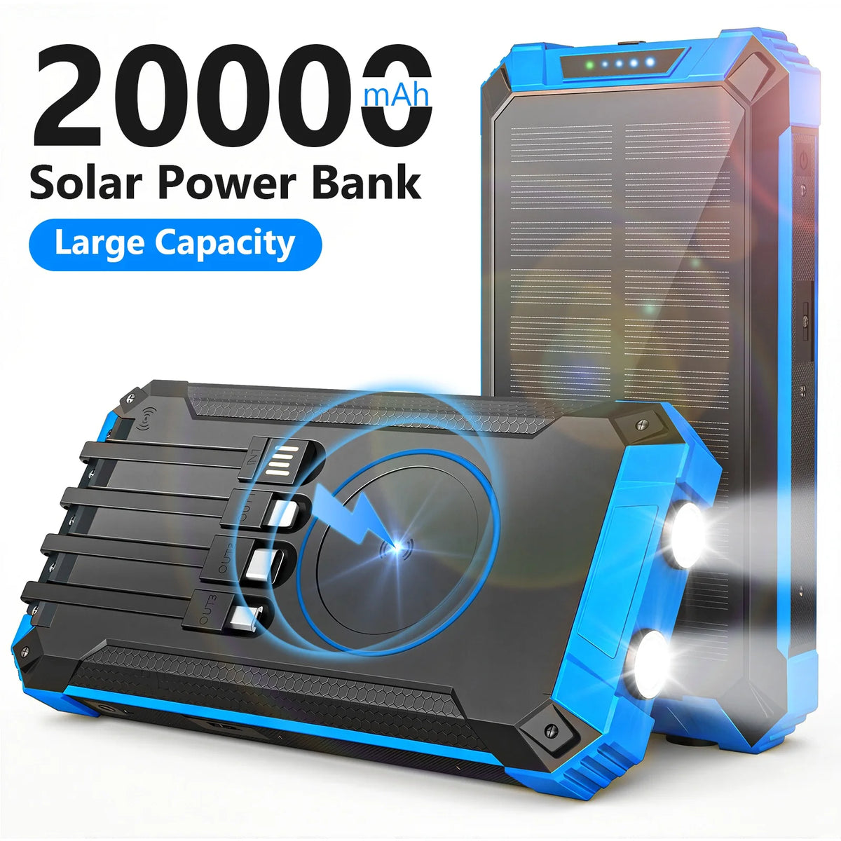 20000mAh Portable Solar Power Bank with Dual LED Lights, 4 Built-in Cables, and Fast Charging for iPhone, Android Phones, and AirPods