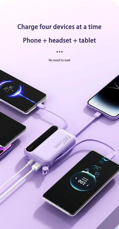 Lenovo Mini 50000mAh Fast Charging Battery Pack Power Bank with 4 Built-in Type C Cables for iPhone, Samsung, and Android Devices