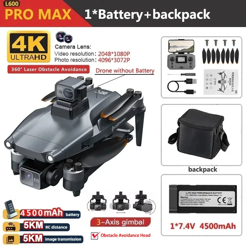 Dron L600 PRO / L600 PRO MAX 4K Profesional HD con Cámaras Duales, Gimbal de 3 Ejes, WIFI 5G, Sin Escobillas, con Evitación de Obstáculos y Seguridad