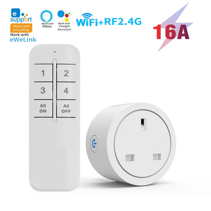Enchufe inteligente WiFi con enchufe del Reino Unido, enchufe con control remoto inalámbrico, control por aplicación eWeLink, temporizador y cuenta regresiva, funciona con Alexa y Google Home.