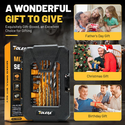 TOLESA 35PCS Drill Bit Set with Nut Driver Screwdriver Bit Countersink Bit, Drill Bit Kit for Metal Wood, Christmas Gift for Dad