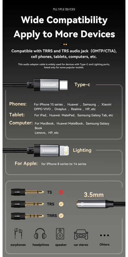 Essager Lighting to 3.5mm Jack Audio Adapter Headphone Aux Cable USB Type C to 3.5 Adapter OTG Type C For iPhone Xiaomi OnePlus
