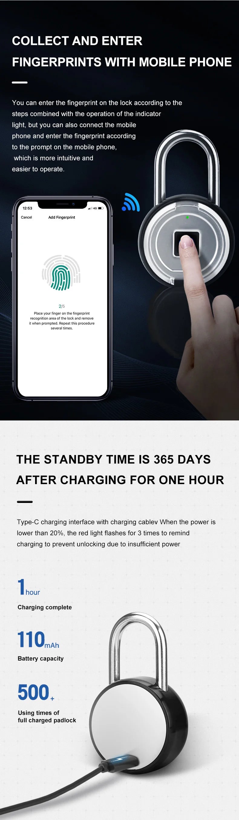 Smart Fingerprint Padlock 0.5s Unlock IP55 Waterproof Type-C Rechargeable for Luggage, Gym, Office, Zinc Alloy Anti-Theft Lock