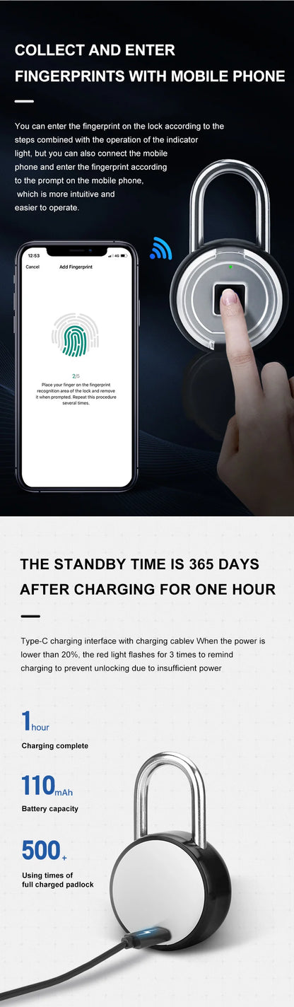 Smart Fingerprint Padlock 0.5s Unlock IP55 Waterproof Type-C Rechargeable for Luggage, Gym, Office, Zinc Alloy Anti-Theft Lock