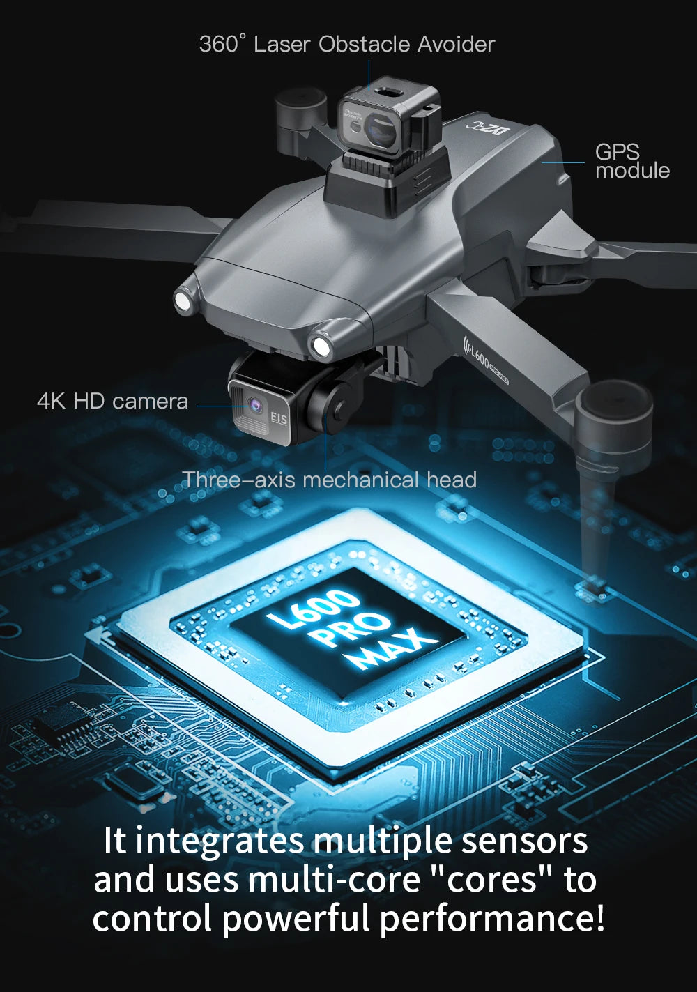 Dron GPS L600 PRO / PRO MAX Profesional 4K con Cámara Dual HD PTZ de 3 Ejes, Evitación de Obstáculos, Motor sin Escobillas, WIFI 5G, Dron de Seguridad