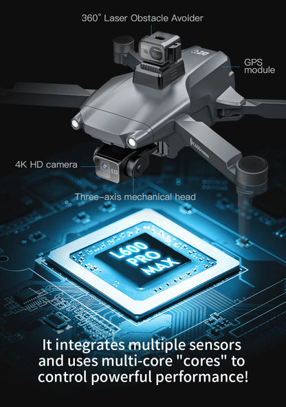 Dron GPS L600 PRO / PRO MAX Profesional 4K con Cámara Dual HD PTZ de 3 Ejes, Evitación de Obstáculos, Motor sin Escobillas, WIFI 5G, Dron de Seguridad