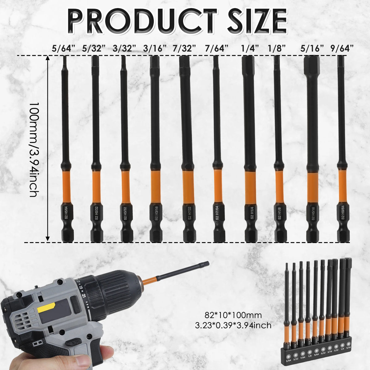 10/20Pcs Impact Hex Bit Set Metric and SAE S2 Alloy Steel Allen Wrench Drill Bit with Magnetic Tips 1/4in Screw Driver Drill Bit