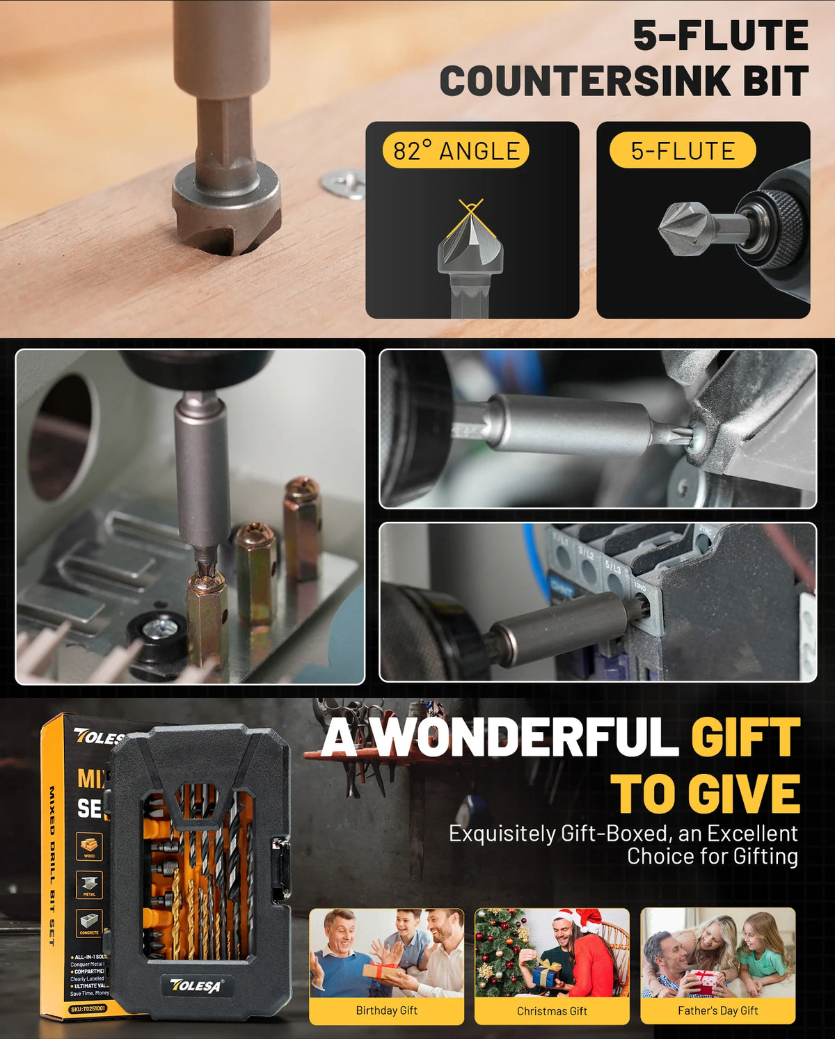 TOLESA 35PCS Drill Bit Set with Nut Driver Screwdriver Bit Countersink Bit, Drill Bit Kit for Metal Wood, Christmas Gift for Dad