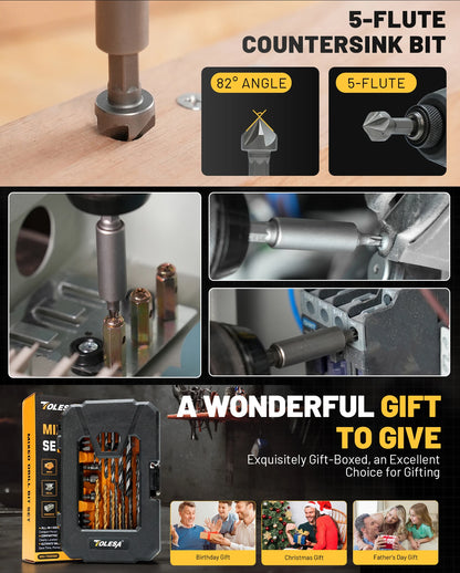 TOLESA 35PCS Drill Bit Set with Nut Driver Screwdriver Bit Countersink Bit, Drill Bit Kit for Metal Wood, Christmas Gift for Dad